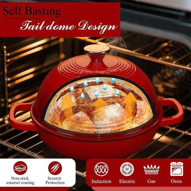 Alt view image 3 of 7 - Enamelled Cast Iron Dutch Oven Pot Dutch Oven Pot with Lid For Sourdough Bread Baking Cast Iron Bread Oven Red, Umite Chef 6QT Pot with Lid & Cotton Potholders