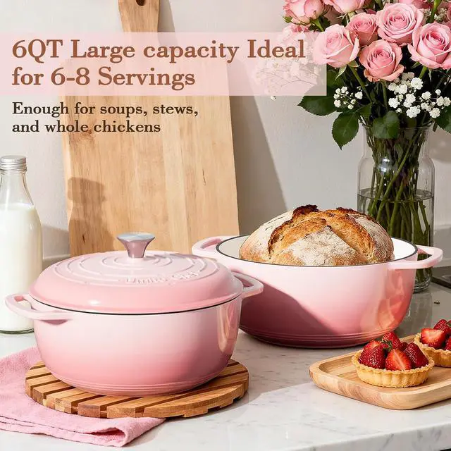Alt view image 5 of 7 - Umite Chef 6QT Enameled Cast Iron Dutch Oven with Lid, Versatile Heavy-Duty Cookware Pot for Baking Bread, Braising, Soups & Stews, Oven & Stovetop Safe with Heat Resistant Gloves(Pink)