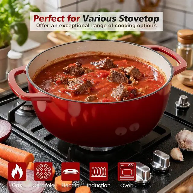 Alt view image 2 of 7 - Umite Chef 6QT Enameled Cast Iron Dutch Oven with Lid, Versatile Heavy-Duty Cookware Pot for Baking Bread, Braising, Soups & Stews, Oven & Stovetop Safe with Heat Resistant GlovesRed