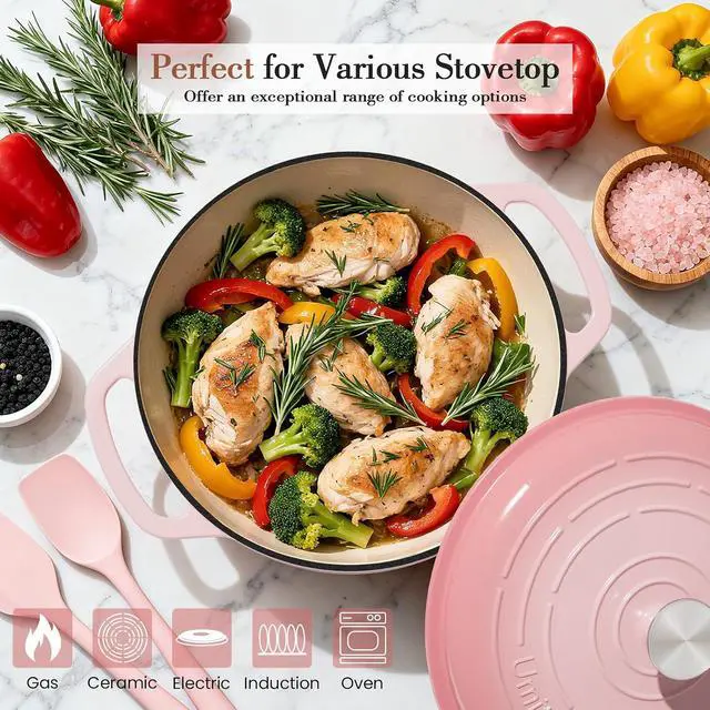 Alt view image 4 of 7 - Umite Chef 6QT Enameled Cast Iron Dutch Oven with Lid, Versatile Heavy-Duty Cookware Pot for Baking Bread, Braising, Soups & Stews, Oven & Stovetop Safe with Heat Resistant Gloves(Pink)