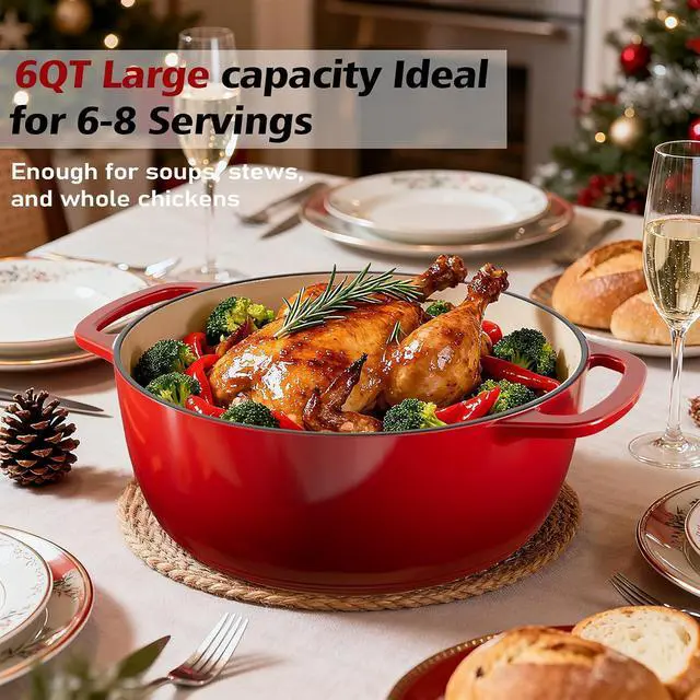 Alt view image 6 of 7 - Umite Chef 6QT Enameled Cast Iron Dutch Oven with Lid, Versatile Heavy-Duty Cookware Pot for Baking Bread, Braising, Soups & Stews, Oven & Stovetop Safe with Heat Resistant GlovesRed
