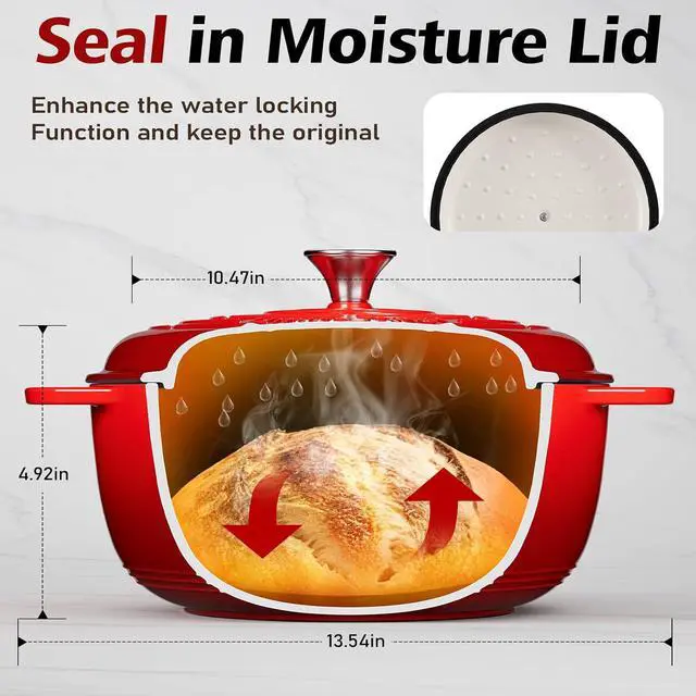 Alt view image 7 of 7 - Umite Chef 6QT Enameled Cast Iron Dutch Oven with Lid, Versatile Heavy-Duty Cookware Pot for Baking Bread, Braising, Soups & Stews, Oven & Stovetop Safe with Heat Resistant GlovesRed