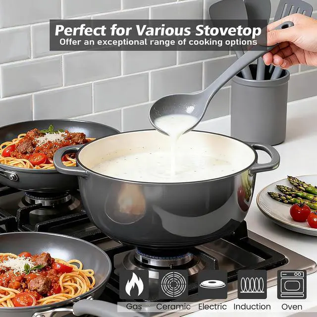 Alt view image 5 of 7 - Enameled Cast Iron Dutch Oven - Umite Chef 6QT Pot with Lid & Cotton Potholders - Dual Handles -Versatile Heavy Duty Cookware for Bread Baking, Braising, Stews, Roasting(Grey
