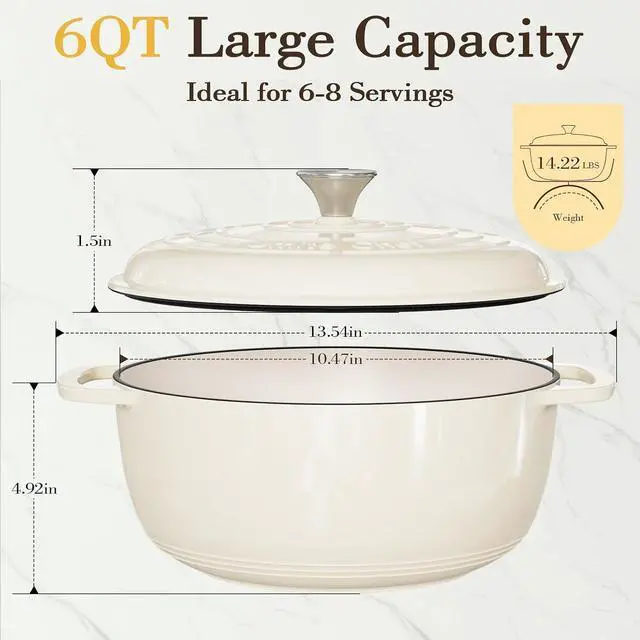 Alt view image 3 of 7 - Umite Chef 6QT Enameled Cast Iron Dutch Oven with Lid, Versatile Heavy-Duty Cookware Pot for Baking Bread, Braising, Soups & Stews, Oven & Stovetop Safe with Heat Resistant GlovesCream White