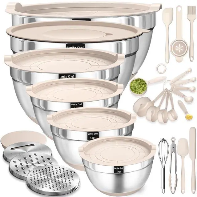 Main image of Mixing Bowls with Airtight Lids Set, 26PCS Stainless Steel Khaki Bowls with Grater Attachments, Non-Slip Bottoms & Kitchen Gadgets Set, Size 7, 4, 2.5, 2.0,1.5, 1QT, Great for Mixing & Serving