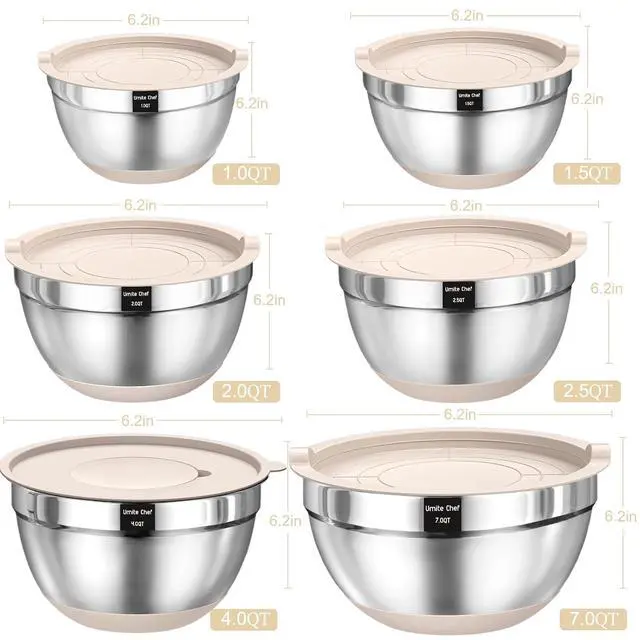 Alt view image 2 of 7 - Mixing Bowls with Airtight Lids Set, 26PCS Stainless Steel Khaki Bowls with Grater Attachments, Non-Slip Bottoms & Kitchen Gadgets Set, Size 7, 4, 2.5, 2.0,1.5, 1QT, Great for Mixing & Serving