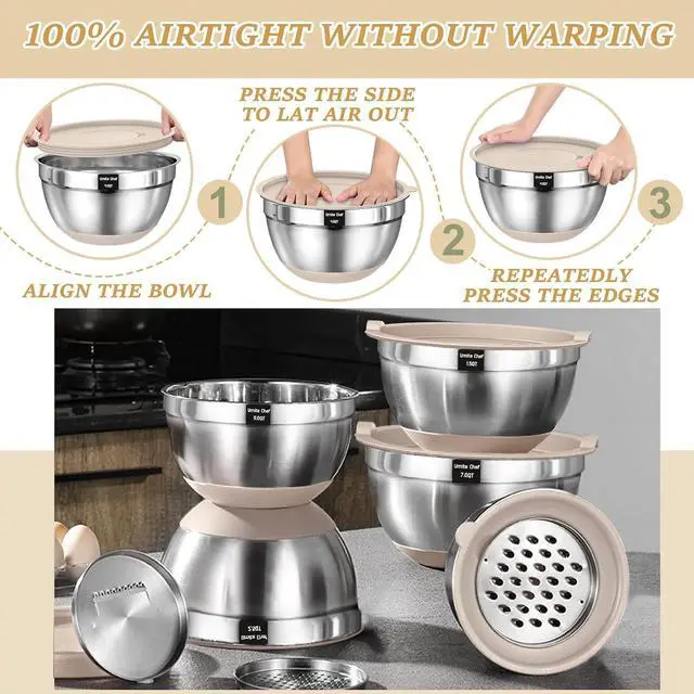 Alt view image 7 of 7 - Mixing Bowls with Airtight Lids Set, 26PCS Stainless Steel Khaki Bowls with Grater Attachments, Non-Slip Bottoms & Kitchen Gadgets Set, Size 7, 4, 2.5, 2.0,1.5, 1QT, Great for Mixing & Serving
