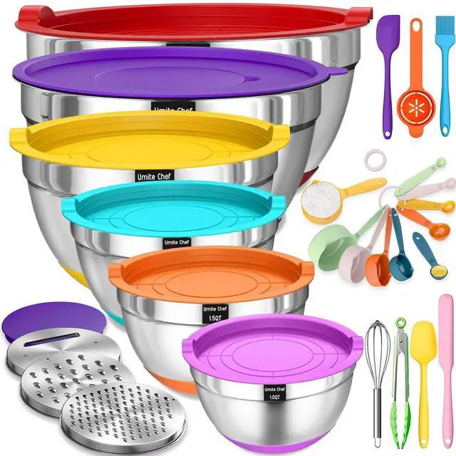 Main image of Umite Chef Thickened Heavy-Duty 26pcs Stainless Steel Bowl, Mixing Bowl Set with Lid, Grater Attachment, Colorful Non-Slip Bottom and Kitchen Gadget Set, Sizes 7, 4, 2.5, 2.0, 1.5, 1QT