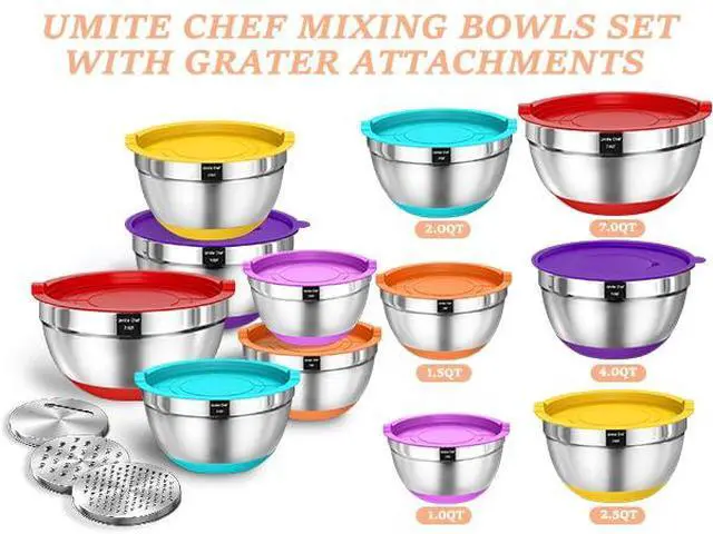 Alt view image 2 of 7 - Umite Chef Thickened Heavy-Duty 26pcs Stainless Steel Bowl, Mixing Bowl Set with Lid, Grater Attachment, Colorful Non-Slip Bottom and Kitchen Gadget Set, Sizes 7, 4, 2.5, 2.0, 1.5, 1QT