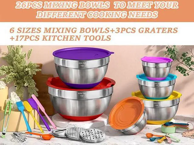 Alt view image 3 of 7 - Umite Chef Thickened Heavy-Duty 26pcs Stainless Steel Bowl, Mixing Bowl Set with Lid, Grater Attachment, Colorful Non-Slip Bottom and Kitchen Gadget Set, Sizes 7, 4, 2.5, 2.0, 1.5, 1QT