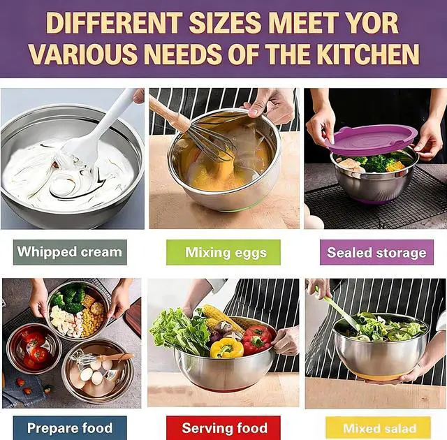 Alt view image 4 of 7 - Umite Chef Thickened Heavy-Duty 26pcs Stainless Steel Bowl, Mixing Bowl Set with Lid, Grater Attachment, Colorful Non-Slip Bottom and Kitchen Gadget Set, Sizes 7, 4, 2.5, 2.0, 1.5, 1QT