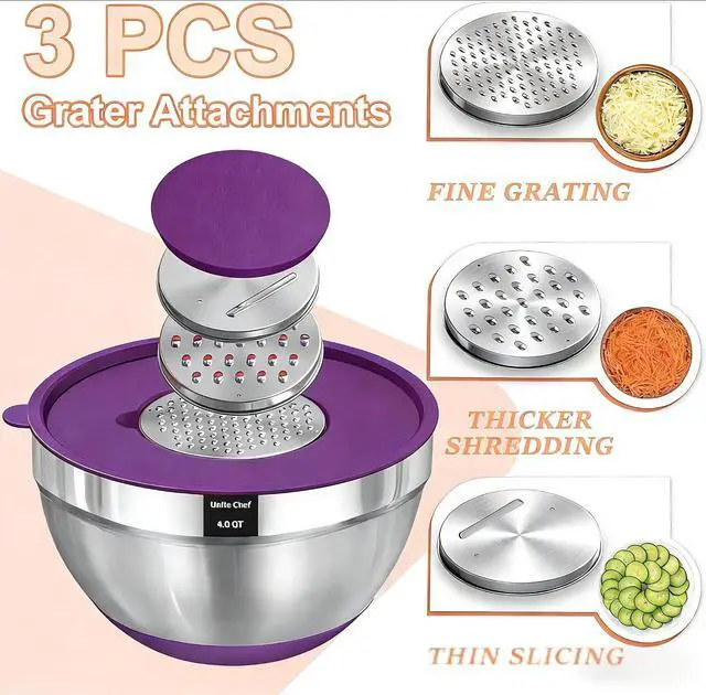Alt view image 7 of 7 - Umite Chef Thickened Heavy-Duty 26pcs Stainless Steel Bowl, Mixing Bowl Set with Lid, Grater Attachment, Colorful Non-Slip Bottom and Kitchen Gadget Set, Sizes 7, 4, 2.5, 2.0, 1.5, 1QT