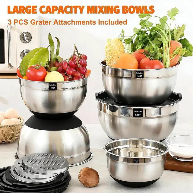 Alt view image 3 of 6 - Thickened Heavy-Duty 26pcs Stainless Steel Bowl, Mixing Bowl Set with Lid, Grater Attachment, Non-Slip Bottom and Kitchen Gadget Set, Sizes 7, 4, 2.5, 2.0, 1.5, 1QT, Ideal for Mixing and Serving