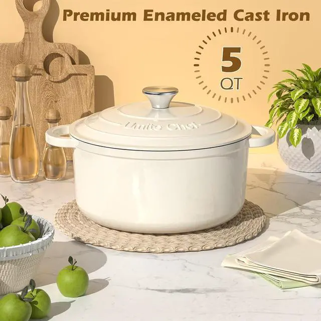 Alt view image 3 of 7 - Enameled Cast Iron Dutch Oven - Umite Chef 5QT Pot with Lid & Cotton Potholders - Heavy-Duty Cookware for Bread Baking, Braising, Stews, Roasting(Cream White)