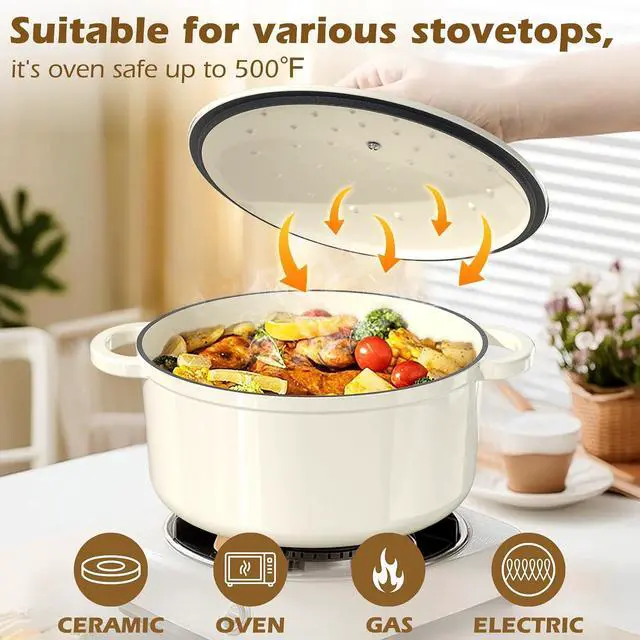 Alt view image 7 of 7 - Enameled Cast Iron Dutch Oven - Umite Chef 5QT Pot with Lid & Cotton Potholders - Heavy-Duty Cookware for Bread Baking, Braising, Stews, Roasting(Cream White)