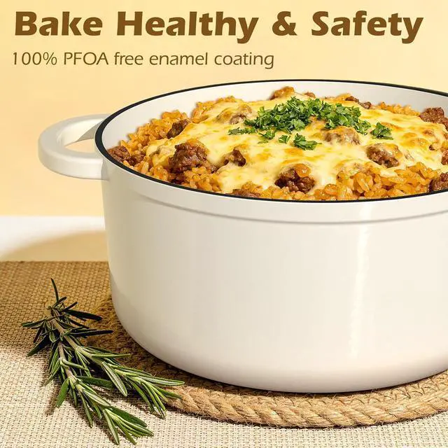 Alt view image 3 of 7 - Umite Chef Enameled Cast Iron Dutch Oven-7QT Pot with Lid Cookbook & Cotton, Heavy-Duty Cookware for for Bread Baking, Braising, Stews, Marinate, Cook(Cream White)