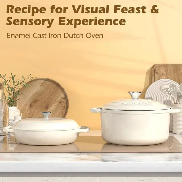 Alt view image 2 of 7 - Enameled Cast Iron Dutch Oven - Umite Chef 5QT Pot with Lid & Cotton Potholders - Heavy-Duty Cookware for Bread Baking, Braising, Stews, Roasting(Cream White)