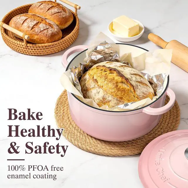 Alt view image 2 of 7 - Umite Chef Enameled Cast Iron Dutch Oven-7QT Pot with Lid Cookbook & Cotton, Heavy-Duty Cookware for for Bread Baking, Braising, Stews, Marinate, Cook(Pink)