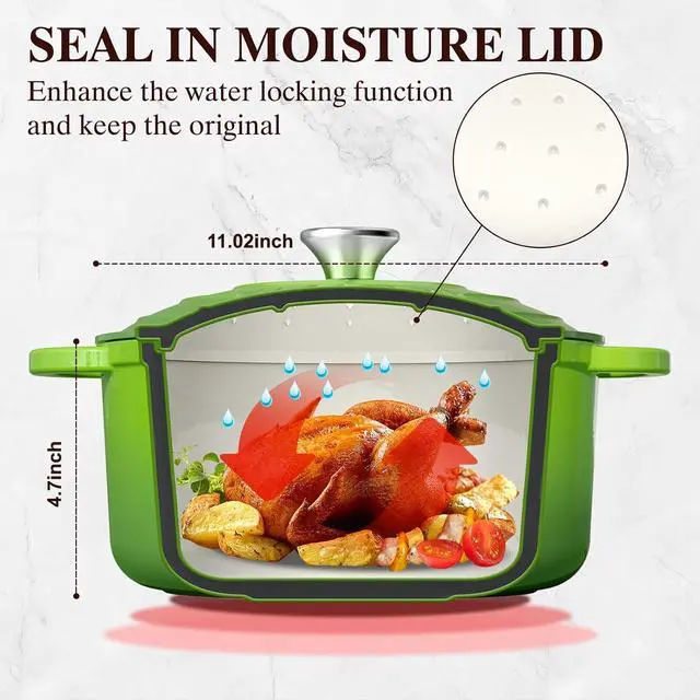 Alt view image 2 of 7 - Umite Chef 7QT Enameled Cast Iron Dutch Oven with Lid & Cotton PotholdersHeavy-Duty Cookware for Bread Baking, Braising, Stews, Marinate, Cook,Refrigerate & Serve(Green)