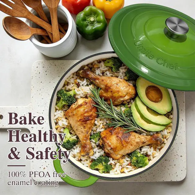 Alt view image 3 of 7 - Umite Chef 7QT Enameled Cast Iron Dutch Oven with Lid & Cotton PotholdersHeavy-Duty Cookware for Bread Baking, Braising, Stews, Marinate, Cook,Refrigerate & Serve(Green)
