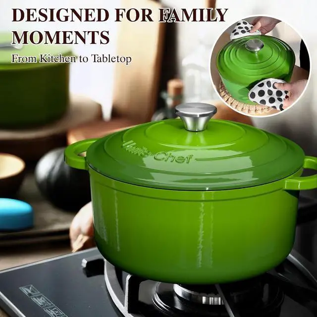 Alt view image 5 of 7 - Umite Chef 5QT Enameled Cast Iron Dutch Oven Pot with Lid, Heavy-Duty, Cookware for Bread Baking, Braising, Stews, Roasting, Wedding Registry Ideas & Gifts(Green)