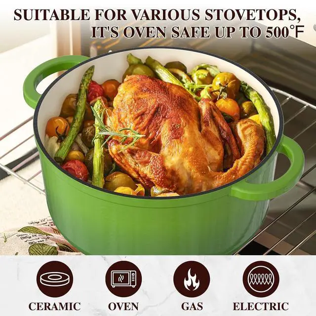 Alt view image 5 of 7 - Umite Chef 7QT Enameled Cast Iron Dutch Oven with Lid & Cotton PotholdersHeavy-Duty Cookware for Bread Baking, Braising, Stews, Marinate, Cook,Refrigerate & Serve(Green)