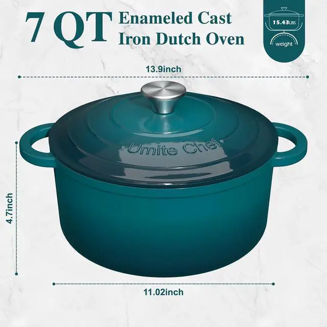 Alt view image 2 of 7 - Umite Chef 7QT Enameled Cast Iron Dutch Oven with Lid & Cotton PotholdersHeavy-Duty Cookware for Bread Baking, Braising, Stews, Marinate, Cook(Emerald)