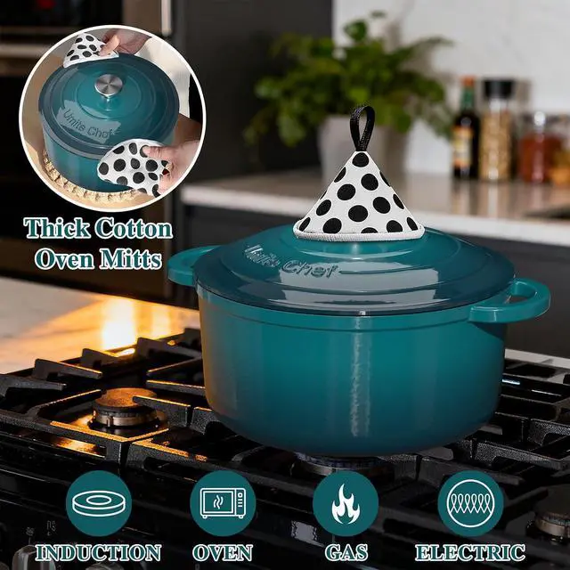 Alt view image 6 of 7 - Umite Chef 7QT Enameled Cast Iron Dutch Oven with Lid & Cotton PotholdersHeavy-Duty Cookware for Bread Baking, Braising, Stews, Marinate, Cook(Emerald)