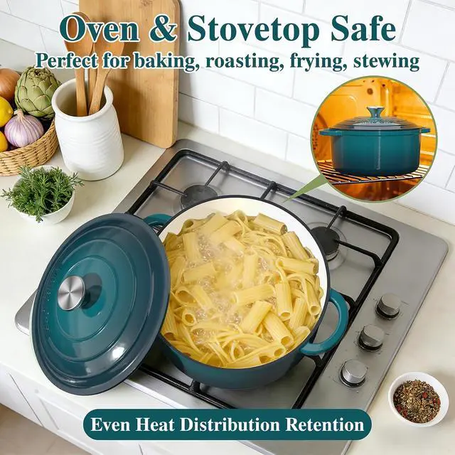 Alt view image 3 of 7 - Umite Chef 7QT Enameled Cast Iron Dutch Oven with Lid & Cotton PotholdersHeavy-Duty Cookware for Bread Baking, Braising, Stews, Marinate, Cook(Emerald)