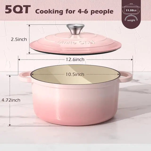 Alt view image 3 of 7 - Umite Chef 5QT Enameled Cast Iron Dutch Oven Pot with Lid, Heavy-Duty Cookware for Bread Baking, Braising, Stews, Roasting, Wedding Registry Ideas & Gifts (Pink)