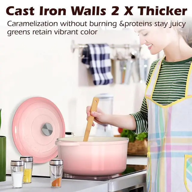 Alt view image 6 of 7 - Umite Chef 5QT Enameled Cast Iron Dutch Oven Pot with Lid, Heavy-Duty Cookware for Bread Baking, Braising, Stews, Roasting, Wedding Registry Ideas & Gifts (Pink)