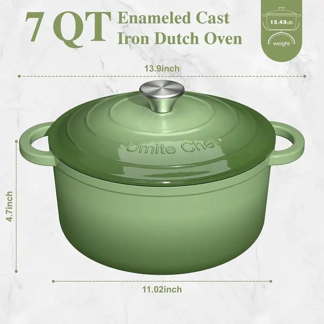 Alt view image 2 of 7 - Umite Chef Enameled Cast Iron Dutch Oven-7QT Pot with Lid Cookbook & Cotton, Heavy-Duty Cookware for for Bread Baking, Braising, Stews, Marinate, Cook(Sage Green)