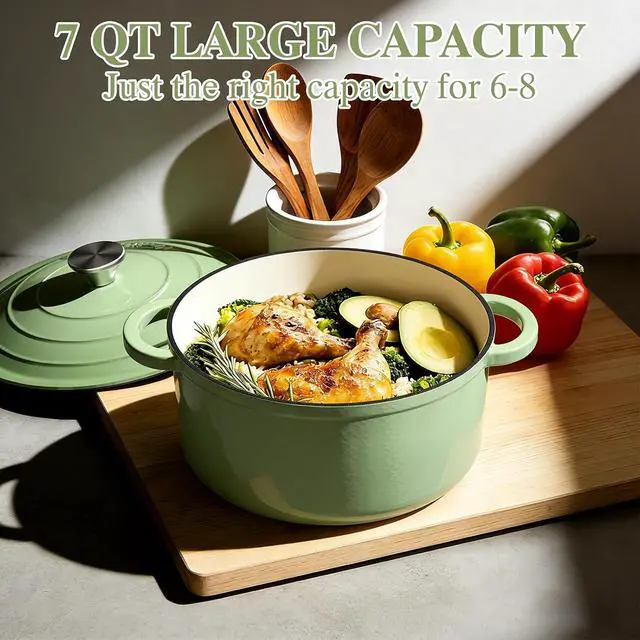 Alt view image 3 of 7 - Umite Chef Enameled Cast Iron Dutch Oven-7QT Pot with Lid Cookbook & Cotton, Heavy-Duty Cookware for for Bread Baking, Braising, Stews, Marinate, Cook(Sage Green)