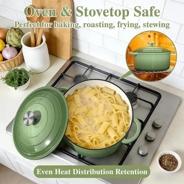 Alt view image 6 of 7 - Umite Chef Enameled Cast Iron Dutch Oven-7QT Pot with Lid Cookbook & Cotton, Heavy-Duty Cookware for for Bread Baking, Braising, Stews, Marinate, Cook(Sage Green)