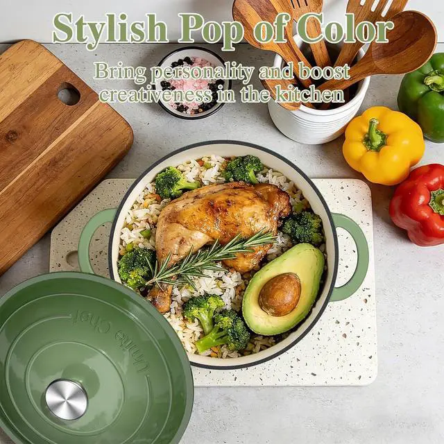 Alt view image 4 of 7 - Umite Chef Enameled Cast Iron Dutch Oven-7QT Pot with Lid Cookbook & Cotton, Heavy-Duty Cookware for for Bread Baking, Braising, Stews, Marinate, Cook(Sage Green)