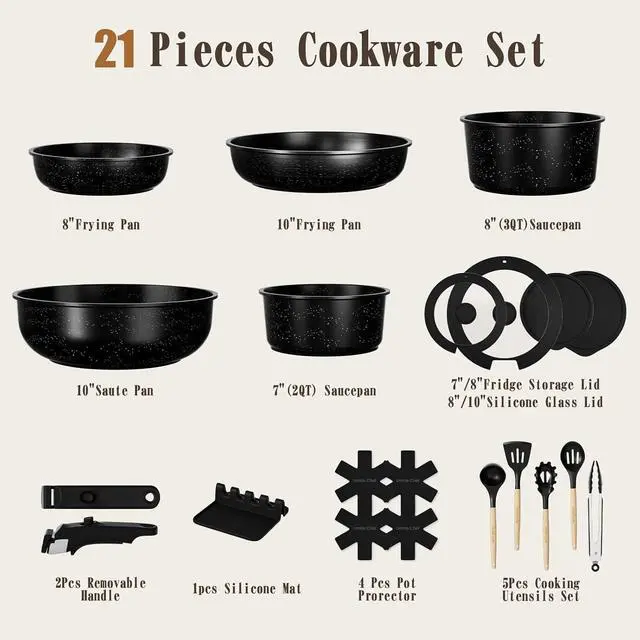 Alt view image 2 of 7 - Umite Chef 21Pcs Pots and Pans Set Non Stick, Nonstick Ceramic Cookware Sets Detachable Handle, Non Toxic Healthy Induction Cookware, Kitchen Cooking Set, with Frying Pans Set, Dishwasher/Oven Safe