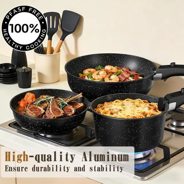 Alt view image 3 of 7 - Umite Chef 21Pcs Pots and Pans Set Non Stick, Nonstick Ceramic Cookware Sets Detachable Handle, Non Toxic Healthy Induction Cookware, Kitchen Cooking Set, with Frying Pans Set, Dishwasher/Oven Safe