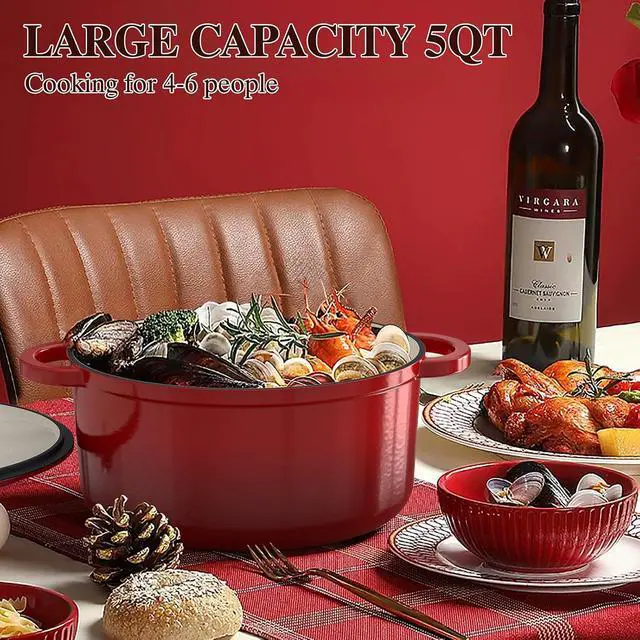 Alt view image 7 of 7 - Enameled Cast Iron Dutch Oven - Umite Chef 5QT Pot with Lid & Cotton Potholders - Heavy-Duty Cookware for Bread Baking, Braising, Stews, Roasting(Red)