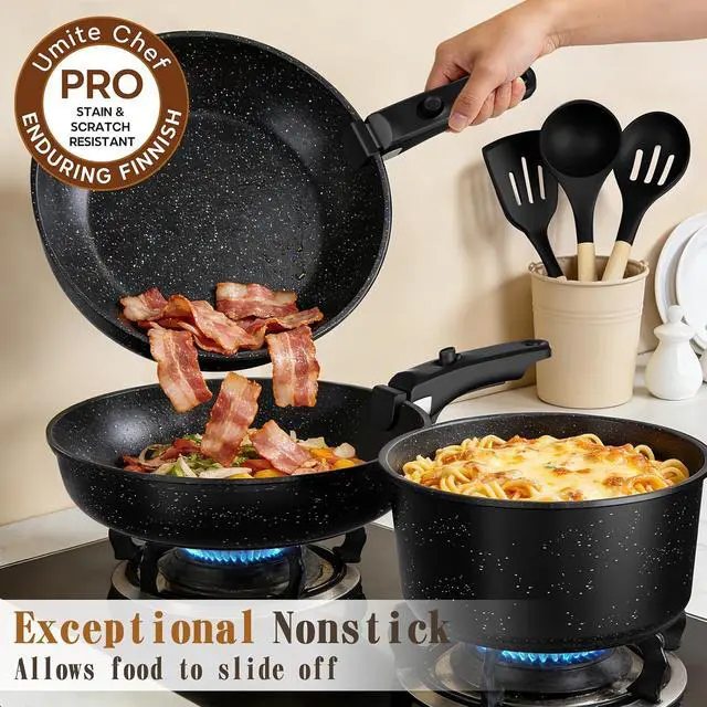 Alt view image 4 of 7 - Umite Chef 21Pcs Pots and Pans Set Non Stick, Nonstick Ceramic Cookware Sets Detachable Handle, Non Toxic Healthy Induction Cookware, Kitchen Cooking Set, with Frying Pans Set, Dishwasher/Oven Safe