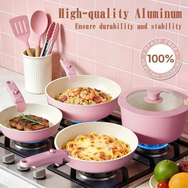 Alt view image 3 of 7 - Umite Chef Pots and Pans Set Non Stick, 21 pcs Nonstick Ceramic Cookware Set, RV Kitchen Cooking Set with Detachable Handles, Oven Safe, Induction Cookware, Stackable, Pink, PFAS PFOA & PTFE Free