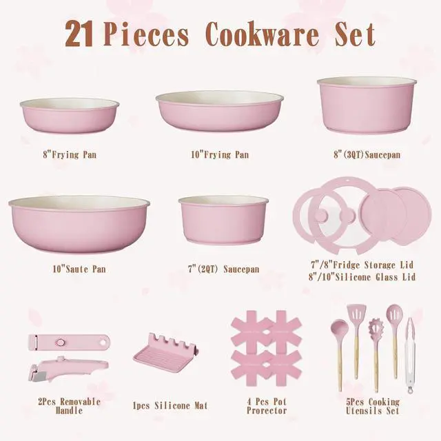 Alt view image 2 of 7 - Umite Chef Pots and Pans Set Non Stick, 21 pcs Nonstick Ceramic Cookware Set, RV Kitchen Cooking Set with Detachable Handles, Oven Safe, Induction Cookware, Stackable, Pink, PFAS PFOA & PTFE Free