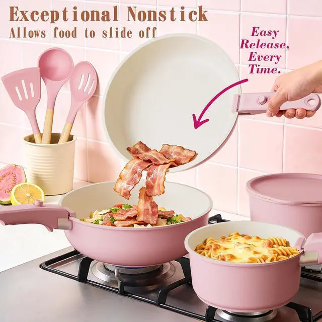 Alt view image 4 of 7 - Umite Chef Pots and Pans Set Non Stick, 21 pcs Nonstick Ceramic Cookware Set, RV Kitchen Cooking Set with Detachable Handles, Oven Safe, Induction Cookware, Stackable, Pink, PFAS PFOA & PTFE Free