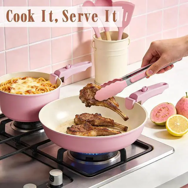 Alt view image 7 of 7 - Umite Chef Pots and Pans Set Non Stick, 21 pcs Nonstick Ceramic Cookware Set, RV Kitchen Cooking Set with Detachable Handles, Oven Safe, Induction Cookware, Stackable, Pink, PFAS PFOA & PTFE Free