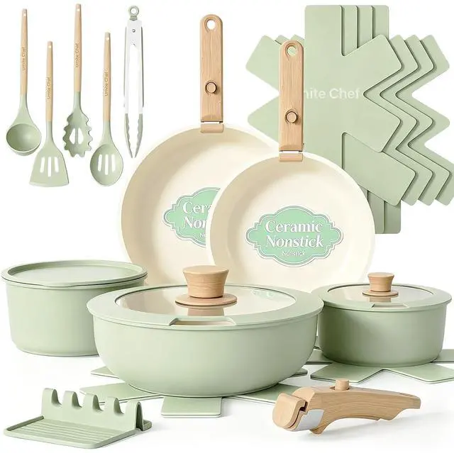 Main image of Umite Chef Non Stick Pots and Pans Set, 21 Pcs Ceramic Kitchen Cookware Set with Detachable Handle, Nonstick Healthy Induction Cookware, Dishwasher RV Cookware Set, Oven Safe, Stackable, Sage Green