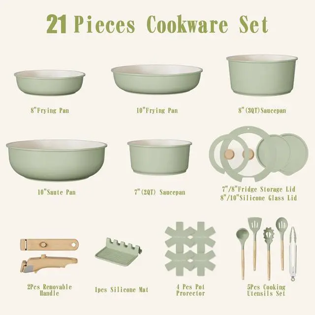 Alt view image 2 of 7 - Umite Chef Non Stick Pots and Pans Set, 21 Pcs Ceramic Kitchen Cookware Set with Detachable Handle, Nonstick Healthy Induction Cookware, Dishwasher RV Cookware Set, Oven Safe, Stackable, Sage Green