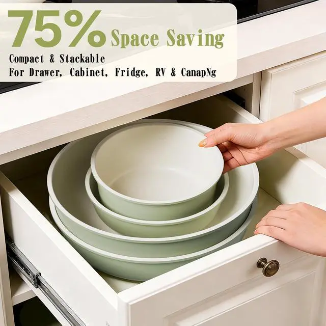 Alt view image 3 of 7 - Umite Chef Non Stick Pots and Pans Set, 21 Pcs Ceramic Kitchen Cookware Set with Detachable Handle, Nonstick Healthy Induction Cookware, Dishwasher RV Cookware Set, Oven Safe, Stackable, Sage Green