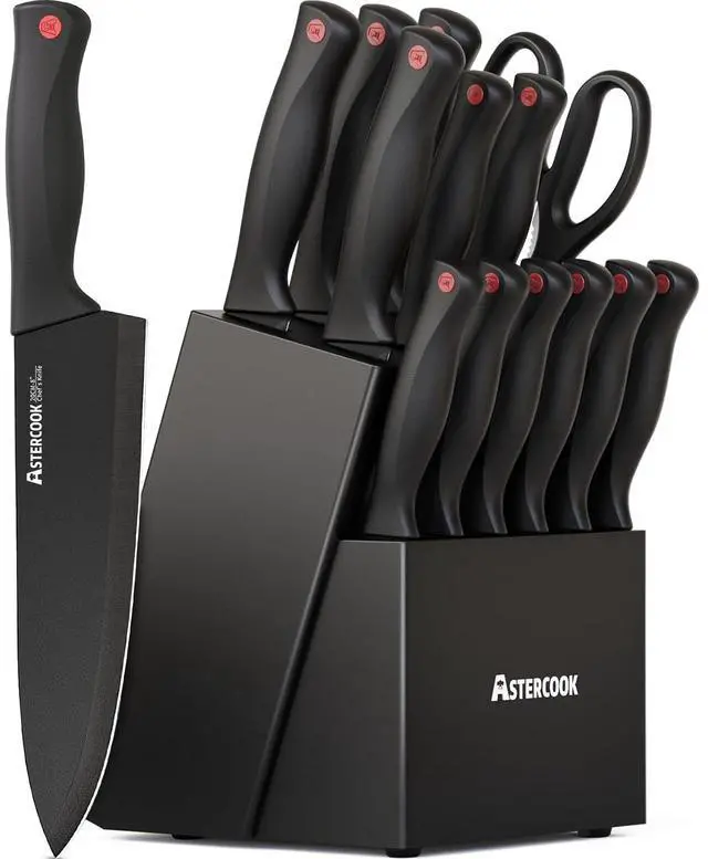 Main image of Astercook Knife Set for Kitchen with Block and Sharpener 15pcs German | Stainless Steel Kitchen Utensils Set Dishwasher Safe
