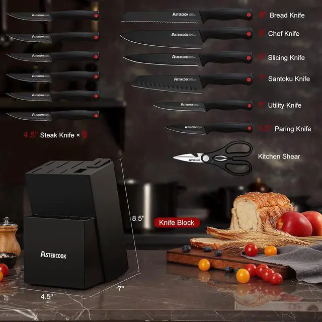Alt view image 2 of 7 - Astercook Knife Set for Kitchen with Block and Sharpener 15pcs German | Stainless Steel Kitchen Utensils Set Dishwasher Safe