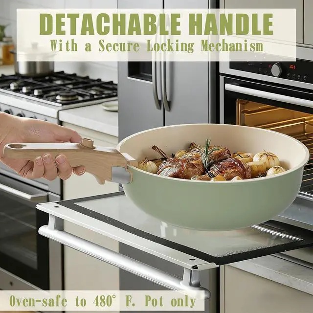 Alt view image 6 of 7 - Umite Chef Non Stick Pots and Pans Set, 21 Pcs Ceramic Kitchen Cookware Set with Detachable Handle, Nonstick Healthy Induction Cookware, Dishwasher RV Cookware Set, Oven Safe, Stackable, Sage Green