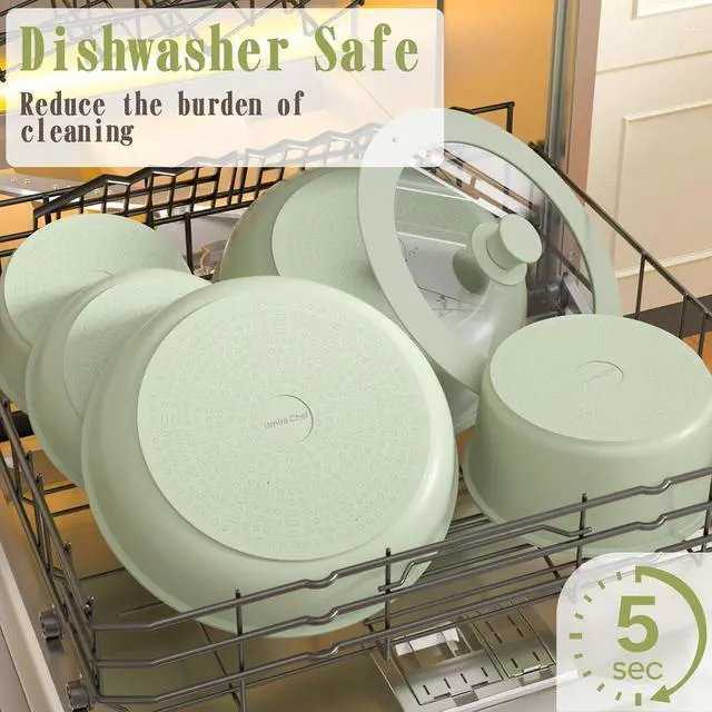 Alt view image 7 of 7 - Umite Chef Non Stick Pots and Pans Set, 21 Pcs Ceramic Kitchen Cookware Set with Detachable Handle, Nonstick Healthy Induction Cookware, Dishwasher RV Cookware Set, Oven Safe, Stackable, Sage Green